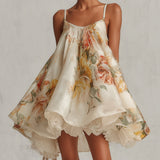 Orsolya — Beige Floral Strappy Mini Dress with Flared Hem