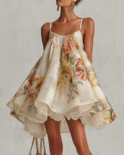 Orsolya — Beige Floral Strappy Mini Dress with Flared Hem