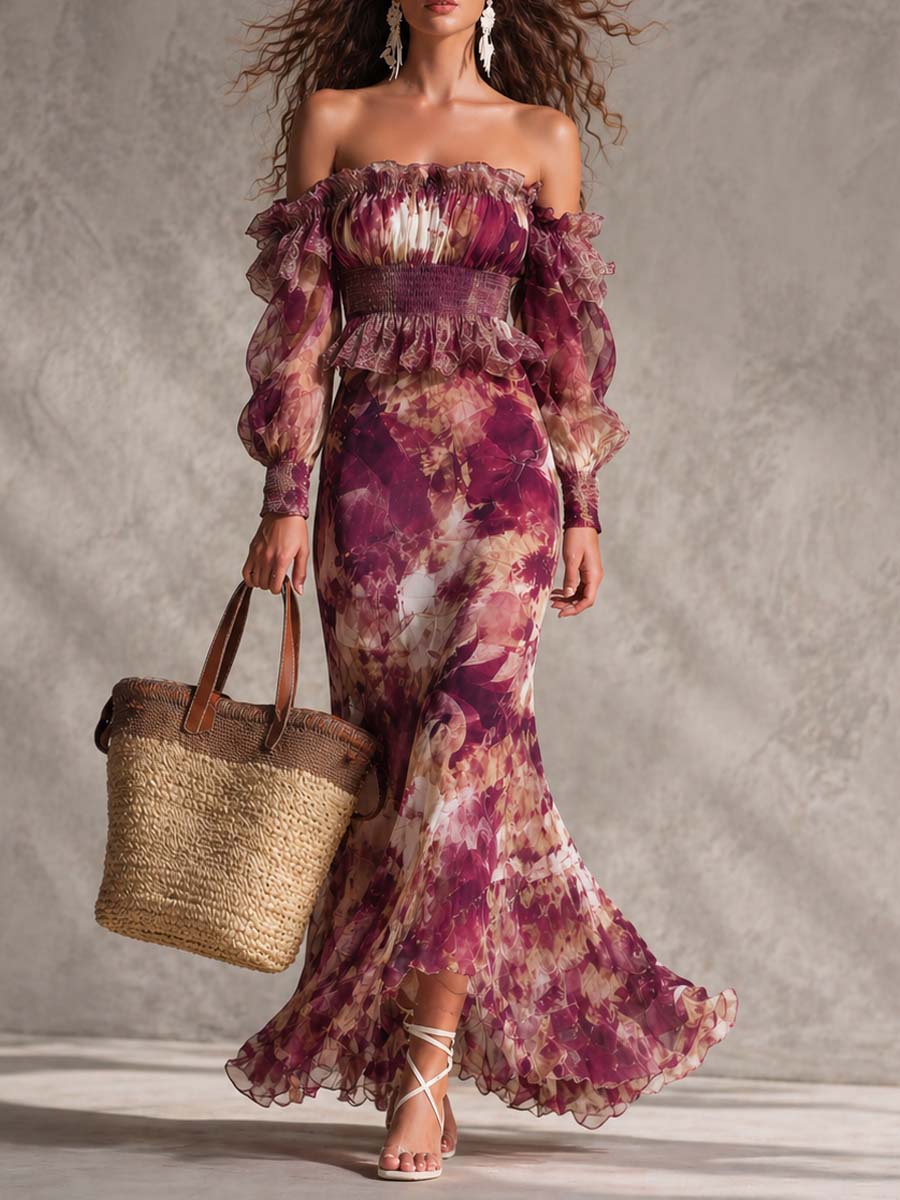Malin — Plum Floral Off-Shoulder Maxi Dress with Smocked Waist