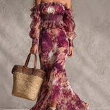 Malin — Plum Floral Off-Shoulder Maxi Dress with Smocked Waist