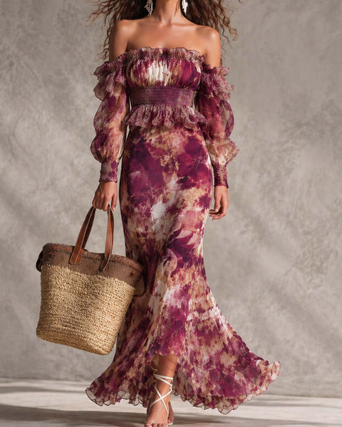 Malin — Plum Floral Off-Shoulder Maxi Dress with Smocked Waist