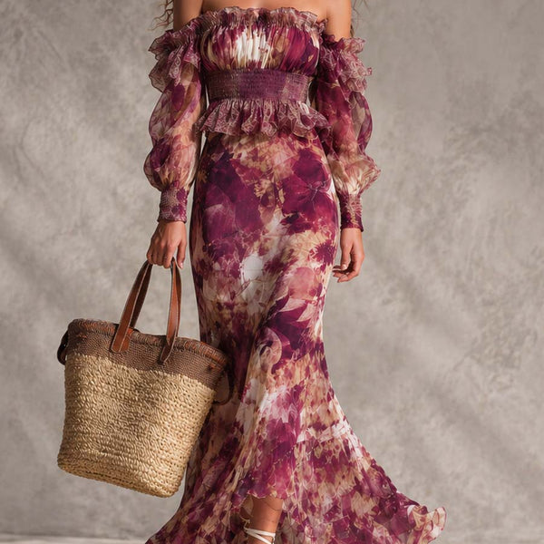Malin — Plum Floral Off-Shoulder Maxi Dress with Smocked Waist