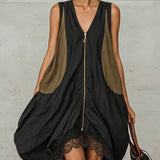 Yrsa — Black Zip-Front Mini Dress with Olive Panels and Lace Hem