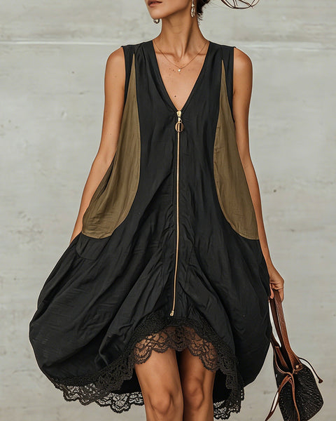 Yrsa — Black Zip-Front Mini Dress with Olive Panels and Lace Hem