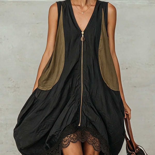 Yrsa — Black Zip-Front Mini Dress with Olive Panels and Lace Hem