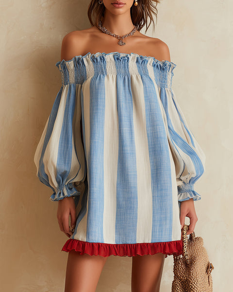 Hildur — Blue and White Striped Off-Shoulder Mini Dress with Red Hem Trim