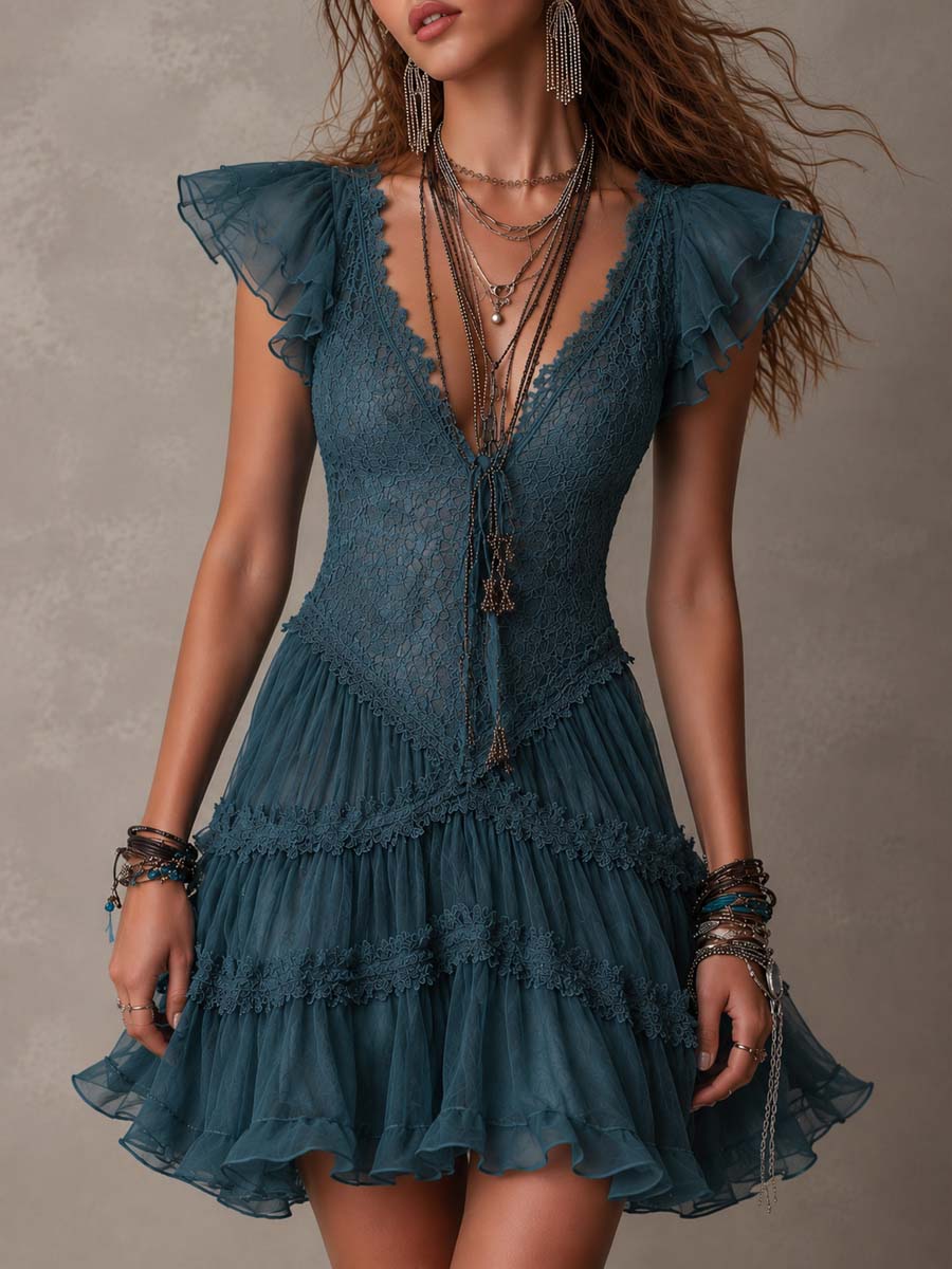 Berenike — Teal Ruffle-Sleeve Tiered Mini Dress with V-Neckline