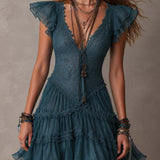 Berenike — Teal Ruffle-Sleeve Tiered Mini Dress with V-Neckline