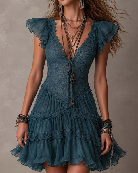 Berenike — Teal Ruffle-Sleeve Tiered Mini Dress with V-Neckline