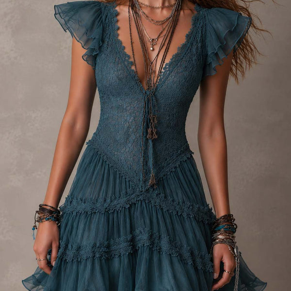 Berenike — Teal Ruffle-Sleeve Tiered Mini Dress with V-Neckline