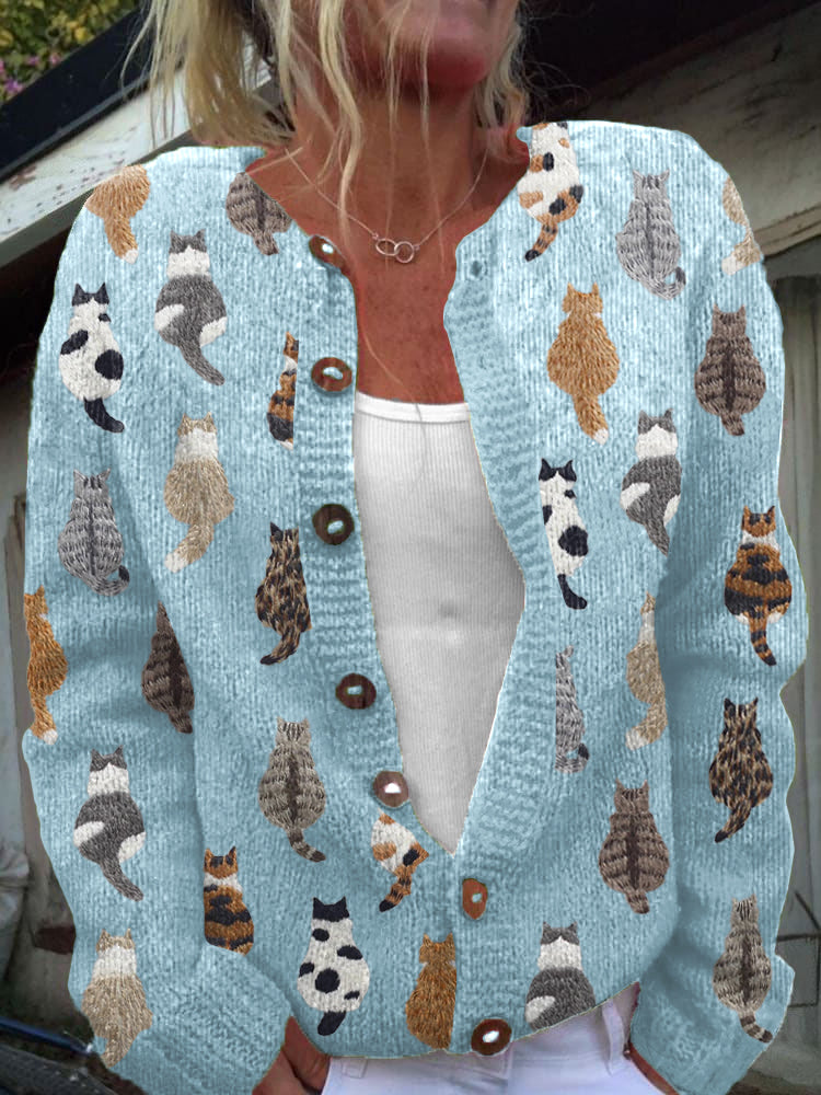 Marguerite — Cosy Artistic Cat Print Knit Cardigan