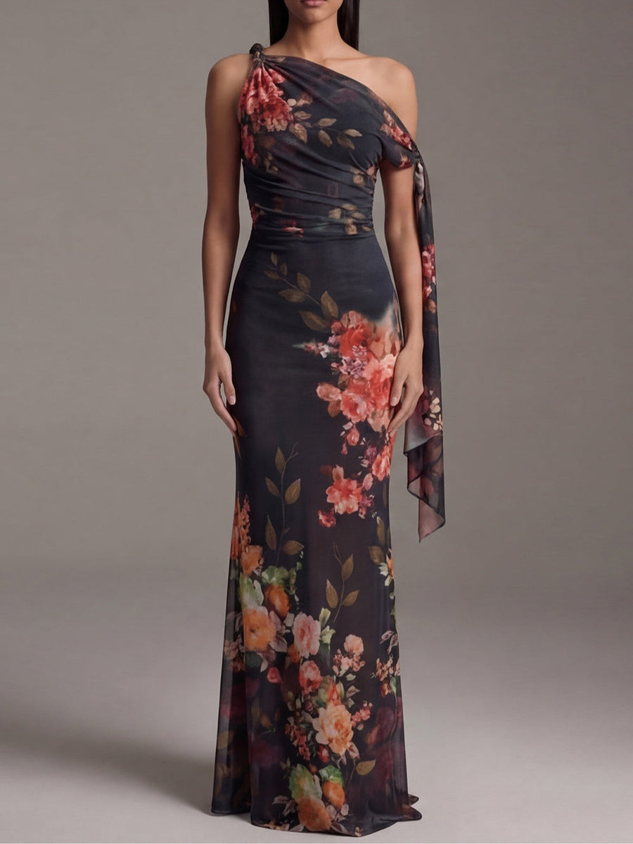 Constanza — Dark Floral One-Shoulder Pleated Maxi Dress with Tie Sleeve