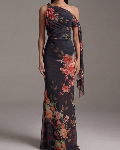 Constanza — Dark Floral One-Shoulder Pleated Maxi Dress with Tie Sleeve