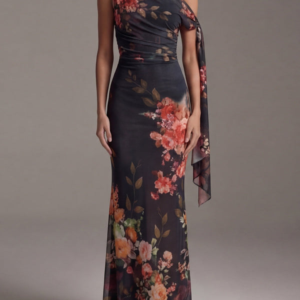Constanza — Dark Floral One-Shoulder Pleated Maxi Dress with Tie Sleeve