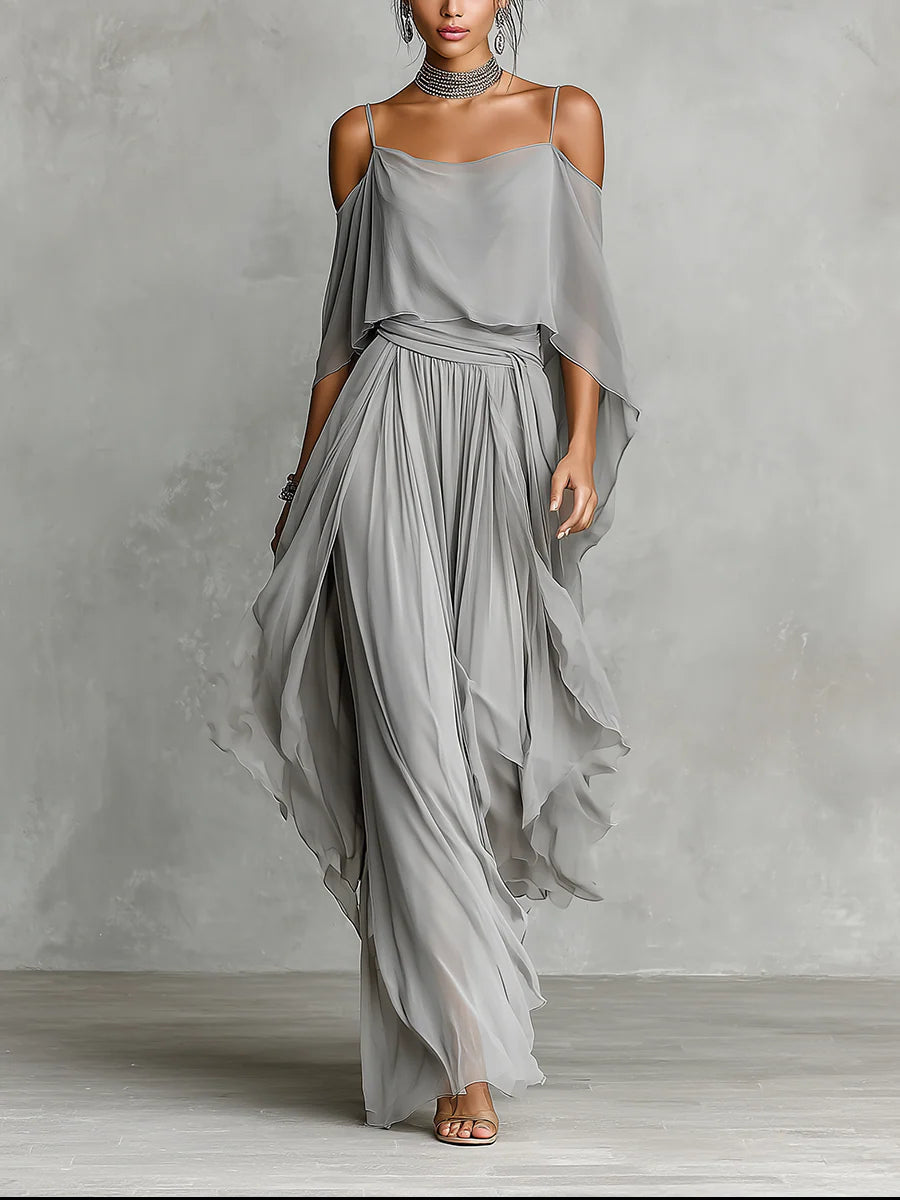 Liliana — Grey Cold-Shoulder Top and Wide-Leg Trouser Set with Draped Sleeves