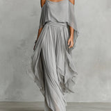 Liliana — Grey Cold-Shoulder Top and Wide-Leg Trouser Set with Draped Sleeves