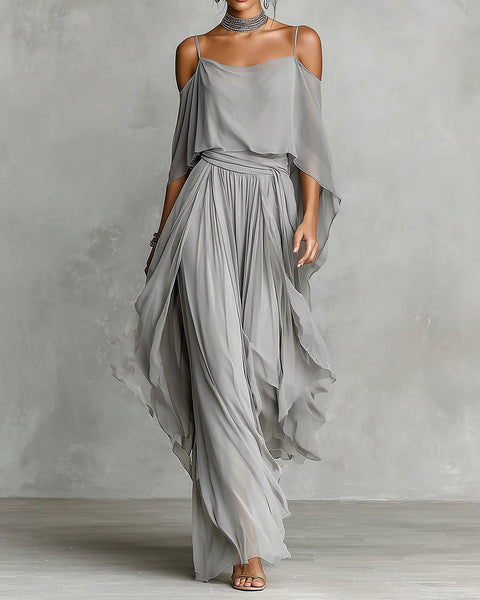 Liliana — Grey Cold-Shoulder Top and Wide-Leg Trouser Set with Draped Sleeves