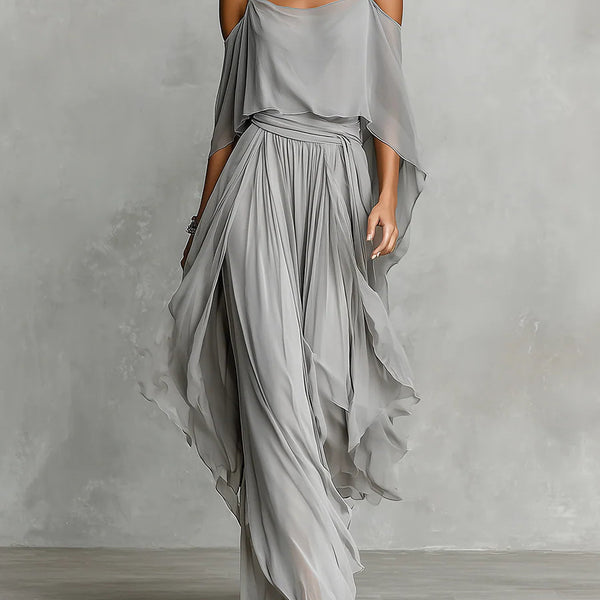 Liliana — Grey Cold-Shoulder Top and Wide-Leg Trouser Set with Draped Sleeves