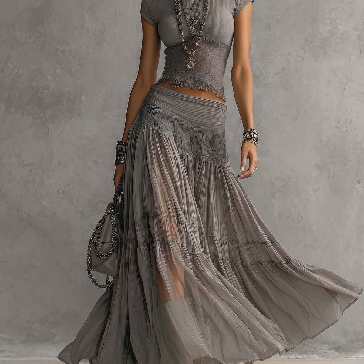 Phoebe — Grey Lace-Panel Top and Pleated Maxi Skirt Set
