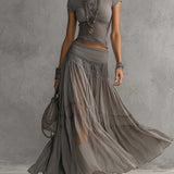 Phoebe — Grey Lace-Panel Top and Pleated Maxi Skirt Set
