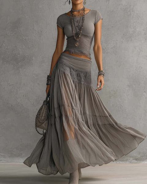 Phoebe — Grey Lace-Panel Top and Pleated Maxi Skirt Set
