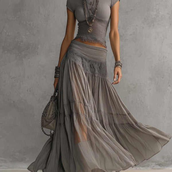 Phoebe — Grey Lace-Panel Top and Pleated Maxi Skirt Set