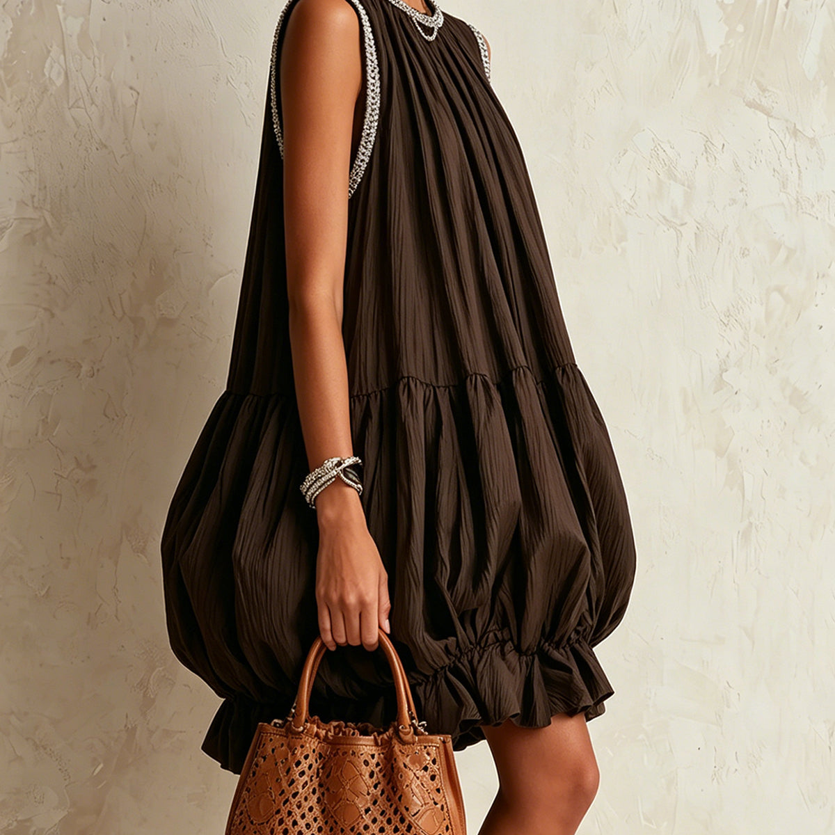Katrijn — Brown Sleeveless Bubble-Hem Mini Dress