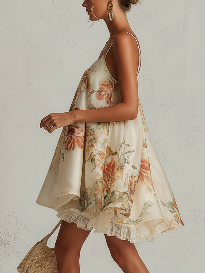 Orsolya — Beige Floral Strappy Mini Dress with Flared Hem