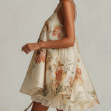 Orsolya — Beige Floral Strappy Mini Dress with Flared Hem