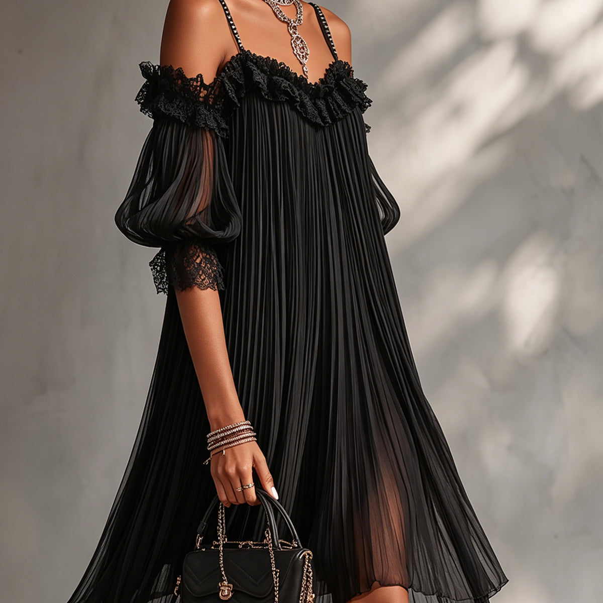 Daphna — Black Pleated Cold-Shoulder Mini Dress with Lace Detail