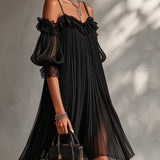 Daphna — Black Pleated Cold-Shoulder Mini Dress with Lace Detail