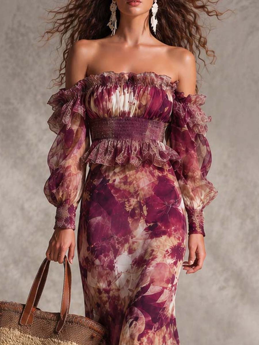 Malin — Plum Floral Off-Shoulder Maxi Dress with Smocked Waist