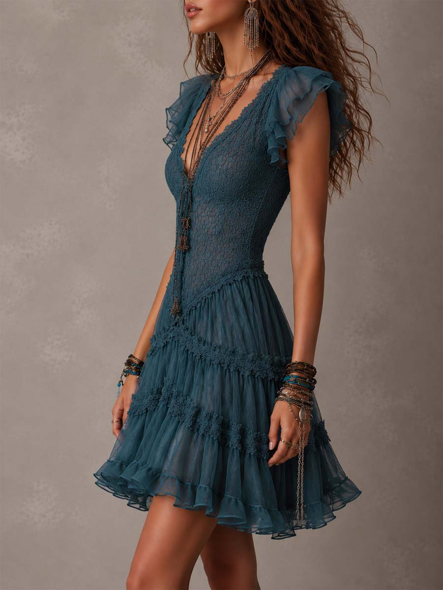 Berenike — Teal Ruffle-Sleeve Tiered Mini Dress with V-Neckline