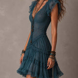 Berenike — Teal Ruffle-Sleeve Tiered Mini Dress with V-Neckline