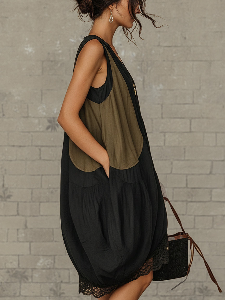 Yrsa — Black Zip-Front Mini Dress with Olive Panels and Lace Hem
