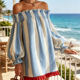 Hildur — Blue and White Striped Off-Shoulder Mini Dress with Red Hem Trim