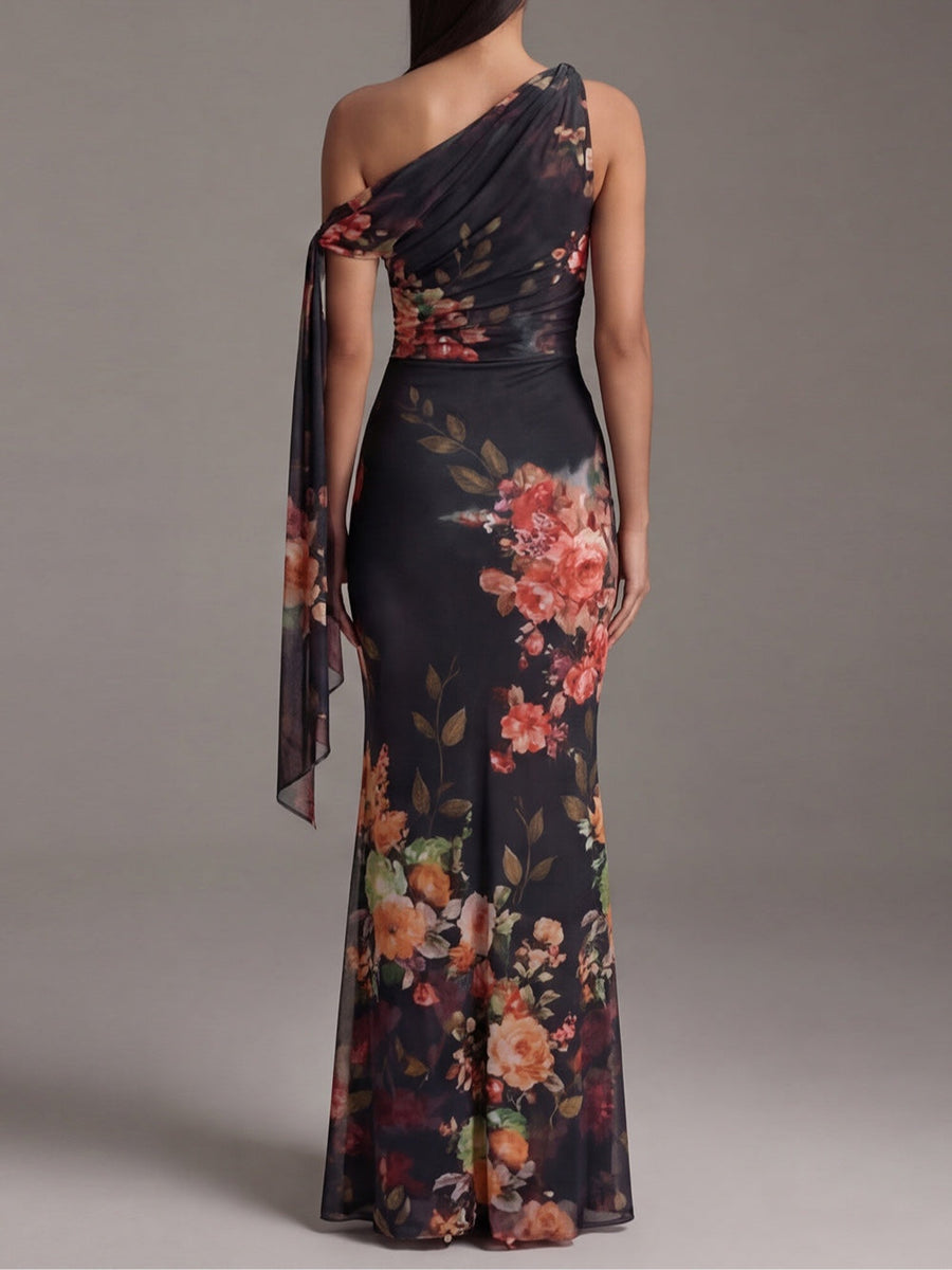 Constanza — Dark Floral One-Shoulder Pleated Maxi Dress with Tie Sleeve