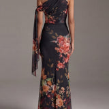 Constanza — Dark Floral One-Shoulder Pleated Maxi Dress with Tie Sleeve