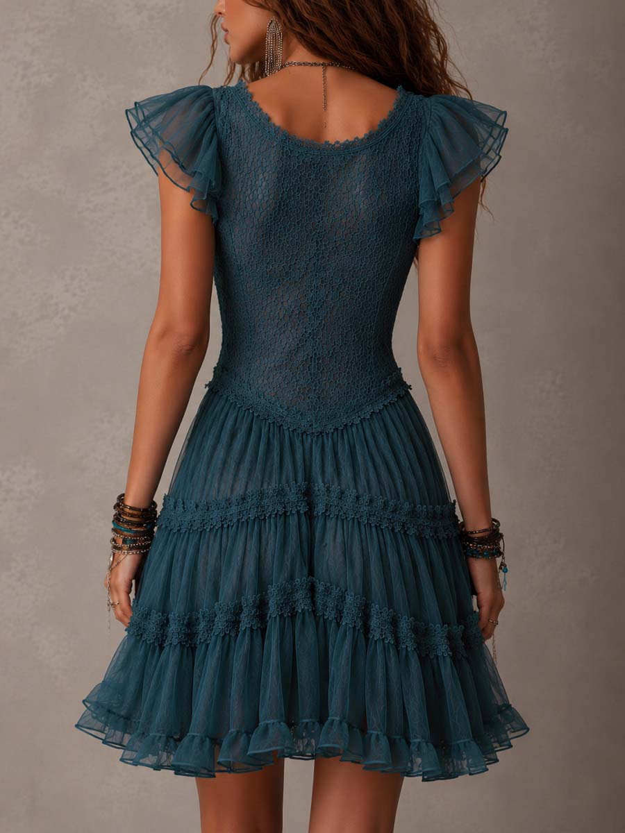 Berenike — Teal Ruffle-Sleeve Tiered Mini Dress with V-Neckline