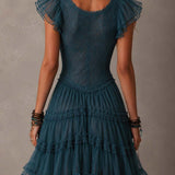 Berenike — Teal Ruffle-Sleeve Tiered Mini Dress with V-Neckline