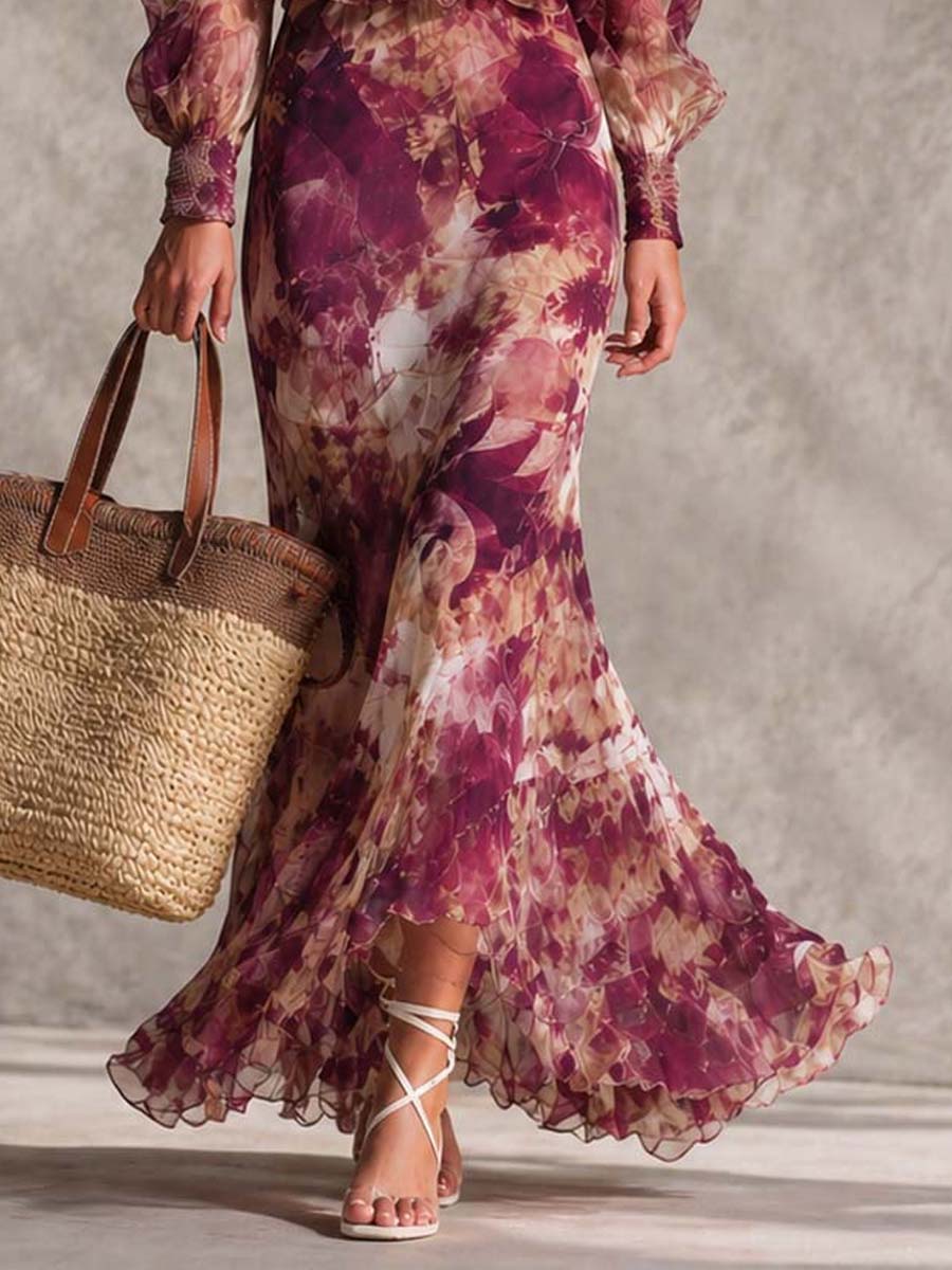 Malin — Plum Floral Off-Shoulder Maxi Dress with Smocked Waist