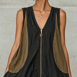 Yrsa — Black Zip-Front Mini Dress with Olive Panels and Lace Hem