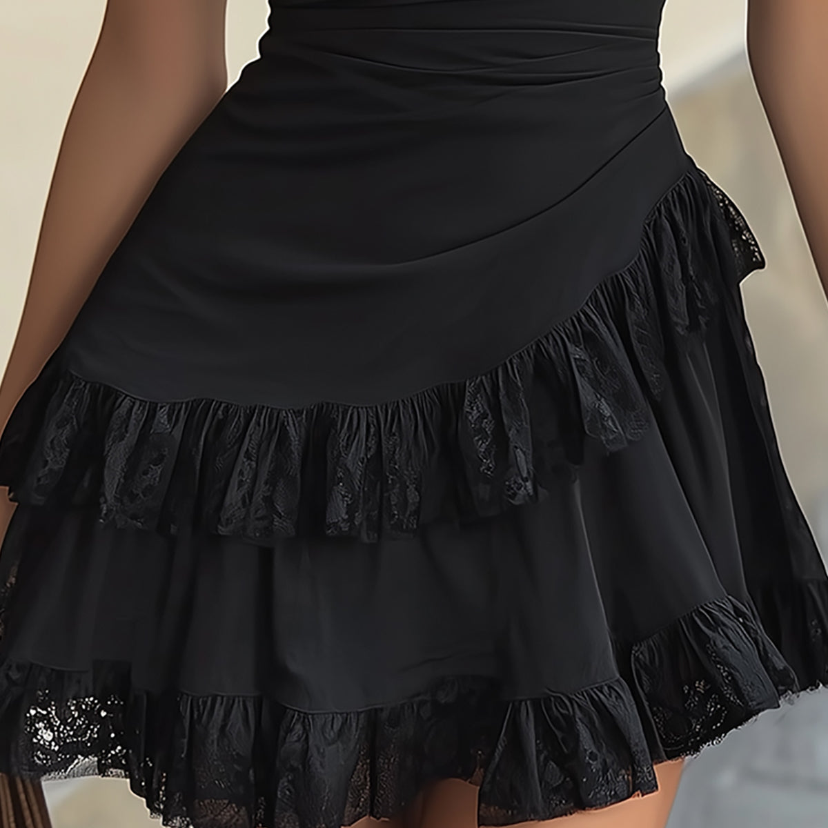 Eefje — Black V-Neck Mini Dress with Lace Sleeves and Ruffle Hem