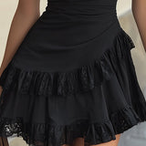 Eefje — Black V-Neck Mini Dress with Lace Sleeves and Ruffle Hem
