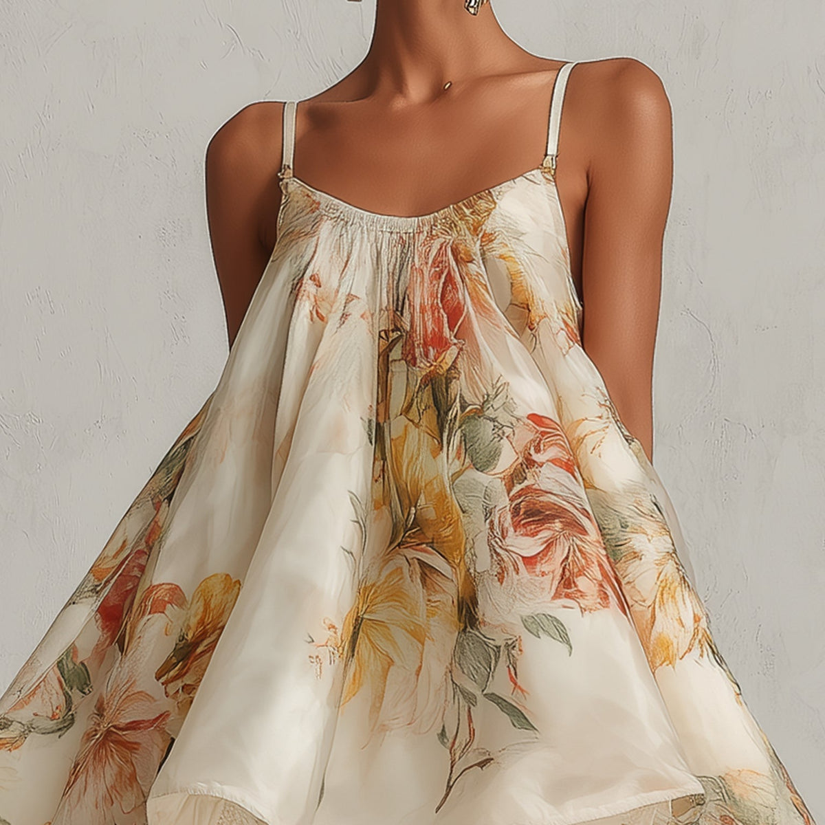 Orsolya — Beige Floral Strappy Mini Dress with Flared Hem