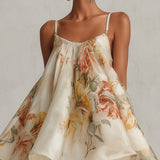 Orsolya — Beige Floral Strappy Mini Dress with Flared Hem