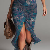 Signe — Teal Floral Midi Dress with Lace Trim and Ruched Front Slit