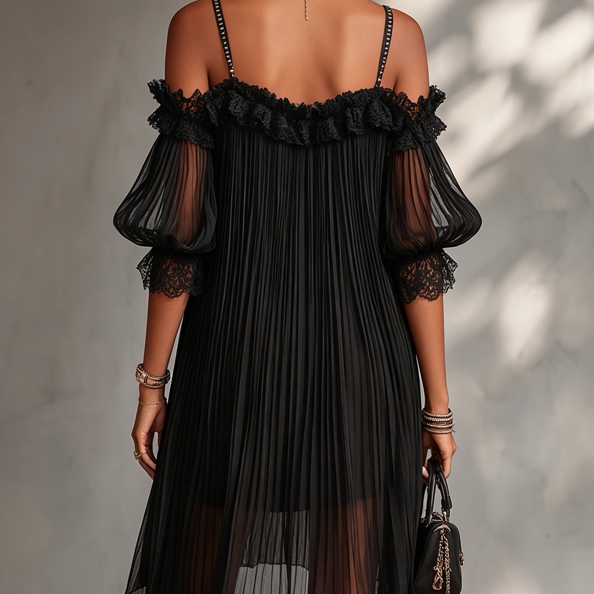Daphna — Black Pleated Cold-Shoulder Mini Dress with Lace Detail
