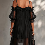 Daphna — Black Pleated Cold-Shoulder Mini Dress with Lace Detail