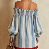 Hildur — Blue and White Striped Off-Shoulder Mini Dress with Red Hem Trim